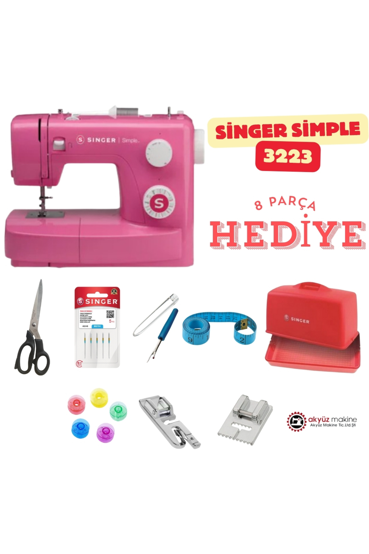 Singer Simple 3223 Pembe Dikiş Makinesi + 8 Parça Hediye Seti |